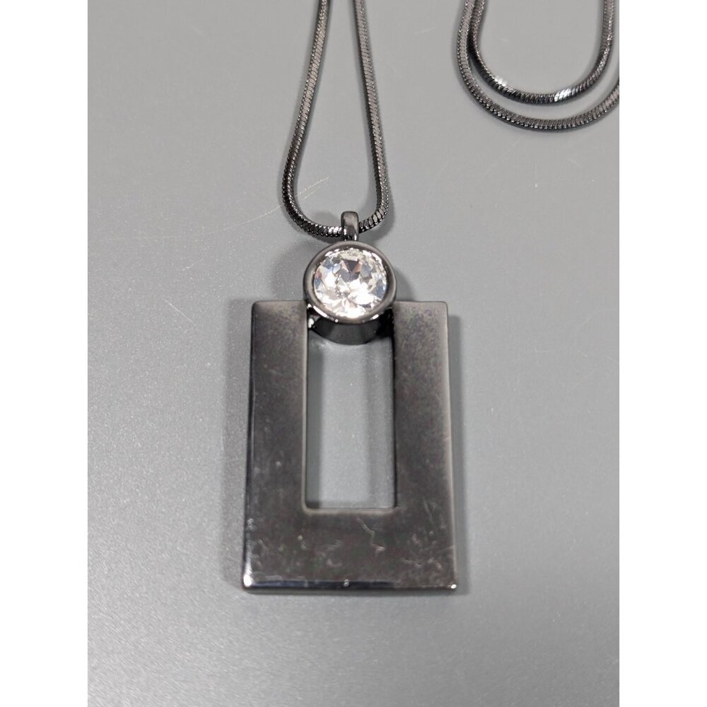 White House Black Market Gray Metallic Modern Rectangle Crystal Pendant Necklace